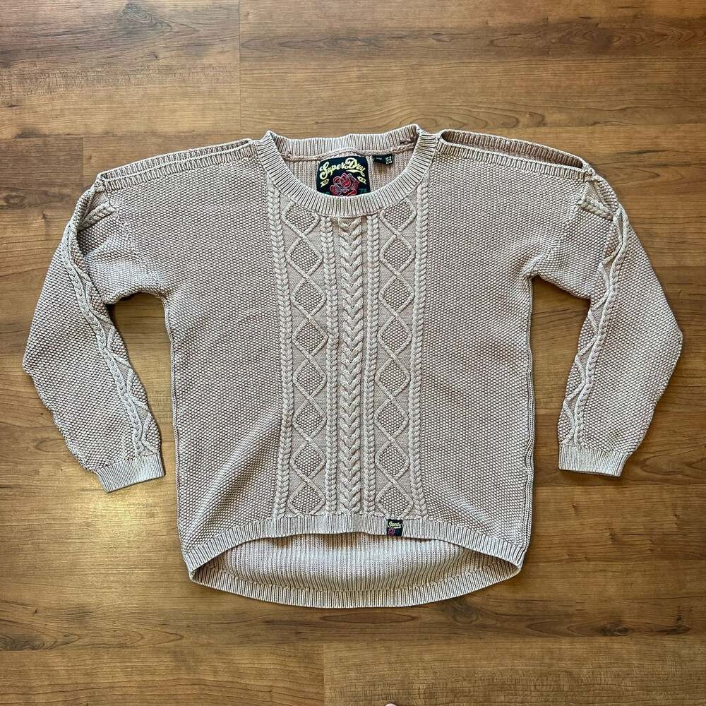 Superdry Off Shoulder Cable Knit Crew Neck Sweater in Beige with High-Low Hem